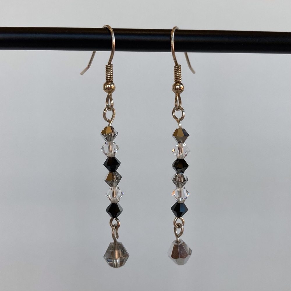HAND CRAFTED Dazzle EARRINGS Silver & Black Czech Crystal Bi-cones Dangle NWT - Picture 6 of 9